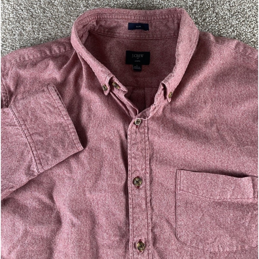 J Crew Jaspe Slim Fit Knit Red Chambray Shirt Mens Large Preppy Pocket Cotton